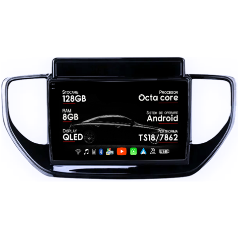 Navigatii Dedicate - Navigatie dedicata Hyundai Solaris 2 2020-2021, 8GB RAM 128GB ROM, Octacore, Platforma TS18, Android 13, Display QLED 9”, Suporta camera 360º, DSP, Carplay&Android Auto, SIM 4G, Ventilator Activ