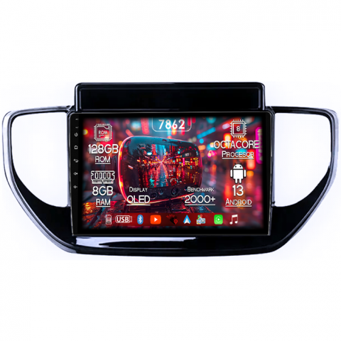 Hyundai - Navigatie dedicata Hyundai Solaris 2 2020-2021, 8GB RAM 128GB ROM, Octacore, Platforma 7862,Android 13, Display QLED 9”, Suporta camera 360º, DSP, Carplay&Android Auto, SIM 4G, Ventilator Activ