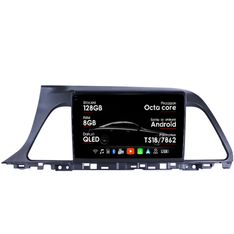 Navigatii Dedicate - Navigatie dedicata Hyundai Sonata 9 2015-2018, 8GB RAM 128GB ROM, Octacore, Platforma TS18, Android 14, Display QLED 9", Suporta camera 360", DSP, Carplay&Android Auto, SIM 4G, Ventilator Activ