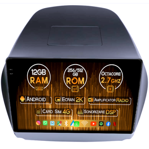 Tucson 2009-2015 Ix 35 - Navigatie dedicata Hyundai Tucson IX35 2010, 12GB RAM 256GB ROM, Android 14, Rezolutie 2K, Display QLED, 9", DSP, Carplay, Android Auto, Internet, Youtube, Waze, Wi Fi, USB