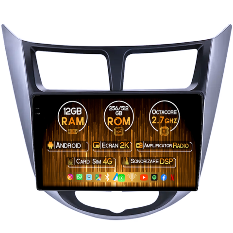 Verna 2010-2016 - Navigatie dedicata Hyundai Verna 2010-2016, 12GB RAM 256GB ROM, Android 14, Rezolutie 2K, Display QLED, 9", DSP, Carplay, Android Auto, Internet, Youtube, Waze, Wi Fi, USB