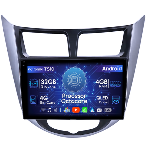Verna 2010-2016 - Navigatie dedicata Hyundai Verna 2010-2016,4GB RAM 32GB ROM, Octacore, Android 14, Display QLED 1K 9", DSP, Carplay&Android Auto, SIM 4G, Bluetooth, Ventilator Activ