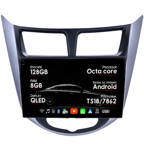 Navigatii Dedicate - Navigatie dedicata Hyundai Verna 2010-2016, 8GB RAM 128GB ROM, Octacore, Platforma TS18, Android 14, Display QLED 9", Suporta camera 360", DSP, Carplay&Android Auto, SIM 4G, Ventilator Activ