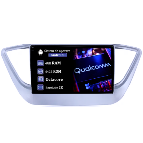 Verna 2017-2018 - Navigatie dedicata Hyundai Verna 2017-2018, 4GB RAM 64GB ROM, Procesor Qualcomm Octacore, Android 14, Rezolutie 2K, Display QLED 9", DSP, Carplay&Android Auto, SIM 4G