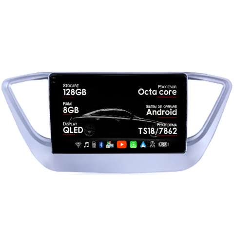 Navigatii Dedicate - Navigatie dedicata Hyundai Verna 2017-2018, 8GB RAM 128GB ROM, Octacore, Platforma TS18, Android 14, Display QLED 9", Suporta camera 360", DSP, Carplay&Android Auto, SIM 4G, Ventilator Activ