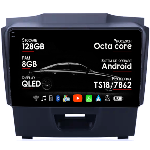 D-Max 2015-2018 - Navigatie dedicata Isuzu D-Max 2017, 8GB RAM 128GB ROM, Octacore, Platforma TS18, Android 14, Display QLED 9â, Suporta camera 360Âş, DSP, Carplay&Android Auto, SIM 4G, Ventilator Activ