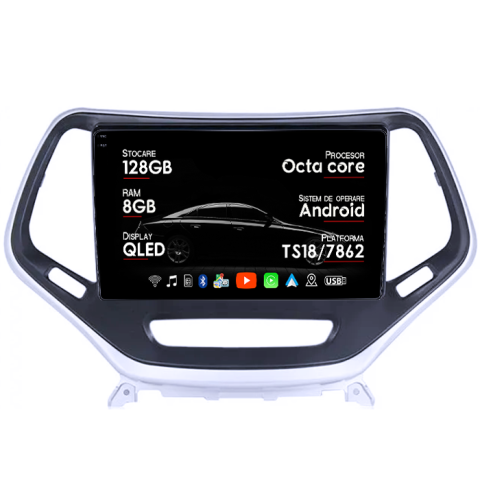 Navigatii Dedicate - Navigatie dedicata Jeep Cherokee 5 2014-2018, 8GB RAM 128GB ROM, Octacore, Platforma TS18, Android 14, Display QLED 9", Suporta camera 360", DSP, Carplay&Android Auto, SIM 4G, Ventilator Activ