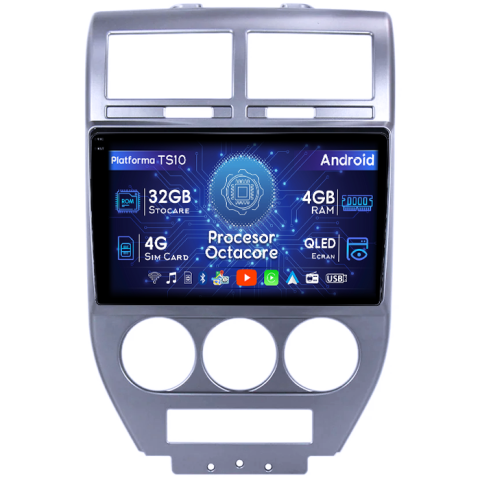 Compass 2007-2009 - Navigatie dedicata Jeep Compass 2007-2009, 4GB RAM 32GB ROM, Octacore, Android 14, Display QLED 1K 10", DSP, Carplay&Android Auto, SIM 4G, Bluetooth, Ventilator Activ