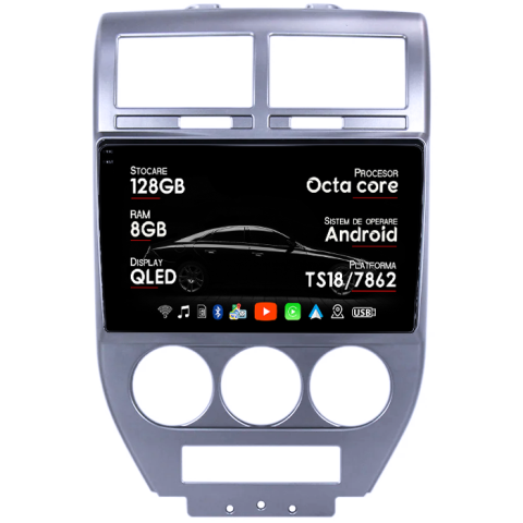 Navigatii Dedicate - Navigatie dedicata Jeep Compass 2007-2009, 8GB RAM 128GB ROM, Octacore, Platforma TS18, Android 14, Display QLED 10", Suporta camera 360", DSP, Carplay&Android Auto, SIM 4G, Ventilator Activ