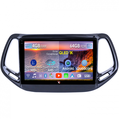 Compass 2016-2018 - Navigatie dedicata Jeep Compass 2016-2018, 4GB RAM 64GB ROM, Octacore, Android 14, Display QLED 1K 10", Carplay&Android Auto, SIM 4G, Ventilator Activ