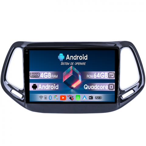 Navigatii Dedicate - Navigatie dedicata Jeep Compass 2016-2018, 4GB RAM 64GB ROM, Quad Core, Display 10" QLED  Carplay, Android 14, Bluetooth, Magazin Play, Suport Camere AHD
