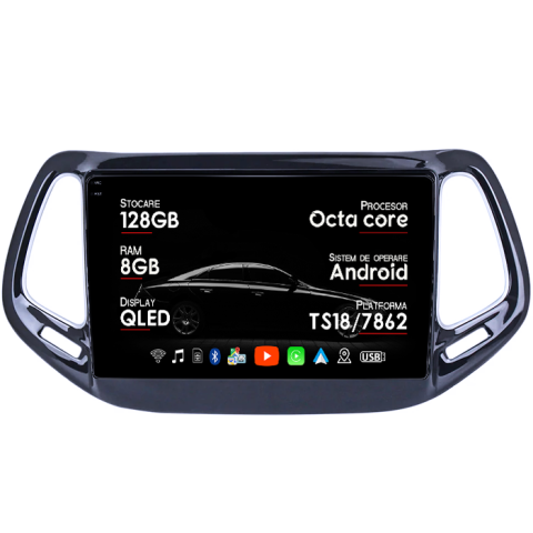 Navigatii Dedicate - Navigatie dedicata Jeep Compass 2016-2018, 8GB RAM 128GB ROM, Octacore, Platforma TS18, Android 14, Display QLED 10", Suporta camera 360", DSP, Carplay&Android Auto, SIM 4G, Ventilator Activ