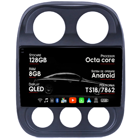 Navigatii Dedicate - Navigatie dedicata Jeep Compass Patriot 2010-2016, 8GB RAM 128GB ROM, Octacore, Platforma TS18, Android 14, Display QLED 10", Suporta camera 360", DSP, Carplay&Android Auto, SIM 4G, Ventilator Acti