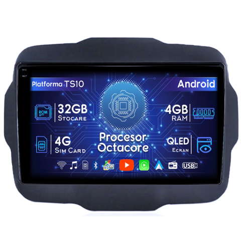 Navigatii Dedicate - Navigatie dedicata Jeep Renegade 2014-2018, 4GB RAM 32GB ROM, Octacore, Android 14, Display QLED 1K 9", DSP, Carplay&Android Auto, SIM 4G, Bluetooth, Ventilator Activ