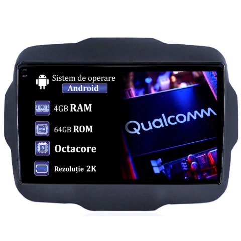 Renegade 2014-2018 - Navigatie dedicata Jeep Renegade 2016-2018, 4GB RAM 64GB ROM, Procesor Qualcomm Octacore, Android 14, Rezolutie 2K, Display QLED 9", DSP, Carplay&Android Auto, SIM 4G