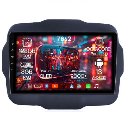 Renegade 2014-2018 - Navigatie dedicata Jeep Renegade 2016-2018, 8GB RAM 128GB ROM, Octacore, Platforma 7862,Android 13, Display QLED 9”, Suporta camera 360º, DSP, Carplay&Android Auto, SIM 4G, Ventilator Activ