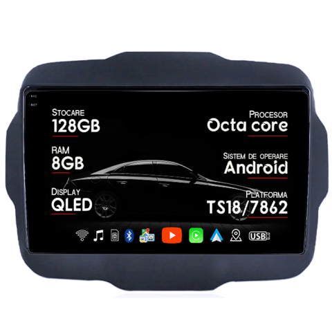 Renegade 2014-2018 - Navigatie dedicata Jeep Renegade 2016-2018, 8GB RAM 128GB ROM, Octacore, Platforma TS18, Android 13, Display QLED 9”, Suporta camera 360º, DSP, Carplay&Android Auto, SIM 4G, Ventilator Activ