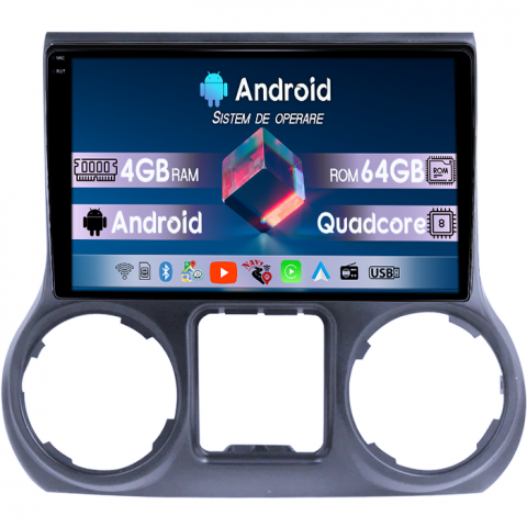 Navigatii Dedicate - Navigatie dedicata JEEP Wrangler 2011- 2016, 4GB RAM 64GB ROM, Quad Core, Display 10" QLED  Carplay, Android 14, Bluetooth, Magazin Play, Suport Camere AHD