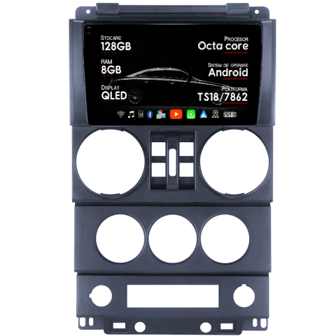Navigatii Dedicate - Navigatie dedicata Jeep Wrangler Rubicon 2008-2010, 8GB RAM 128GB ROM, Octacore, Platforma TS18, Android 14, Display QLED 9", Suporta camera 360", DSP, Carplay&Android Auto, SIM 4G, Ventilator Acti