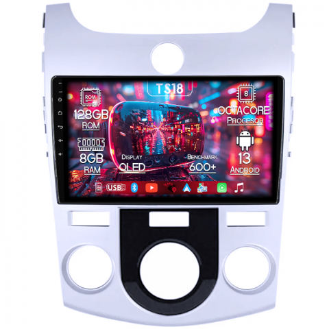 Forte Cerato 2008-2013 - Navigatie dedicata Kia Forte Cerato 2008-2013, Silver, 8GB RAM 128GB ROM, Octacore, Platforma TS18, Android 13, Display QLED 9”, Suporta camera 360º, DSP, Carplay&Android Auto, SIM 4G, Ventilator Acti