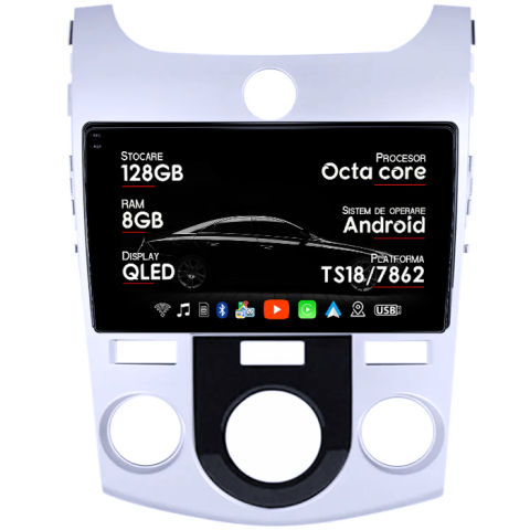Navigatii Dedicate - Navigatie dedicata Kia Forte Cerato 2008-2013, Silver, 8GB RAM 128GB ROM, Octacore, Platforma TS18, Android 14, Display QLED 9", Suporta camera 360", DSP, Carplay&Android Auto, SIM 4G, Ventilator A