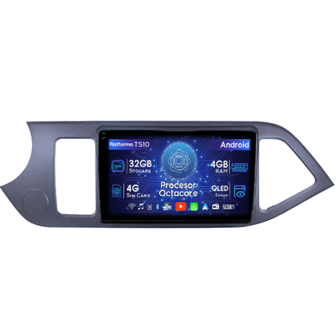 Kia Morning Picanto 2011-2017 - Navigatie dedicata Kia Morning Picanto 2011-2017, Black, 4GB RAM 32GB ROM, Octacore, Android 14, Display QLED 1K 9", DSP, Carplay&Android Auto, SIM 4G, Bluetooth, Ventilator Activ