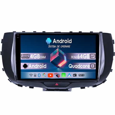Soul 2019-2020 - Navigatie dedicata Kia Soul 2019-2020, 4GB RAM 64GB ROM, Quad Core, Display 9" QLED 1K, Carplay, Android 14, Bluetooth, Magazin Play, Suport Camere AHD