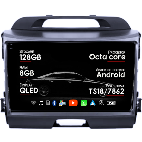 Sportage (-2016) - Navigatie dedicata Kia Sportage, 8GB RAM 128GB ROM, Octacore, Platforma TS18, Android 14, Display QLED 9", Suporta camera 360", DSP, Carplay&Android Auto, SIM 4G, Ventilator Activ