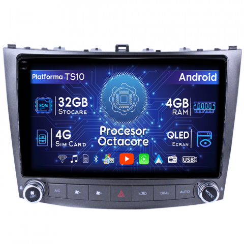 Lexus - Navigatie dedicata Lexus IS250 2005-2013, 4GB RAM 32GB ROM, Octacore, Android 14, Display QLED 1K 9", DSP, Carplay&Android Auto, SIM 4G, Bluetooth, Ventilator Activ