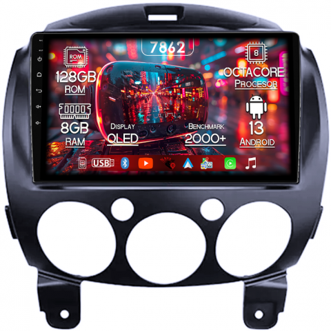 Mazda - Navigatie dedicata Mazda 2 2007-2014, 8GB RAM 128GB ROM, Octacore, Platforma 7862,Android 13, Display QLED 9”, Suporta camera 360º, DSP, Carplay&Android Auto, SIM 4G, Ventilator Activ