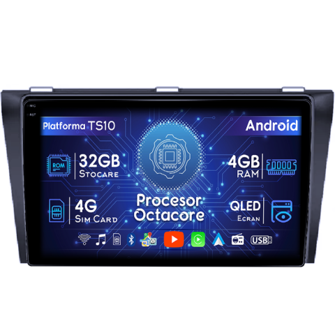 Mazda - Navigatie dedicata Mazda 3 2004-2009/Axela, 4GB RAM 32GB ROM, Octacore, Android 14, Display QLED 1K 9", DSP, Carplay&Android Auto, SIM 4G, Bluetooth, Ventilator Activ