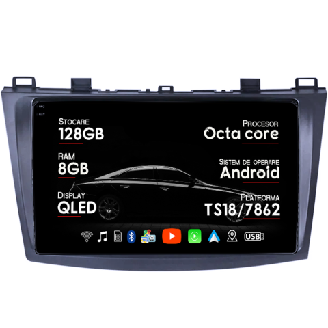 Navigatii Dedicate - Navigatie dedicata Mazda 3 2010-2012, 8GB RAM 128GB ROM, Octacore, Platforma 7862, Android 14, Display QLED 9", Suporta camera 360", DSP, Carplay&Android Auto, SIM 4G, Ventilator Activ