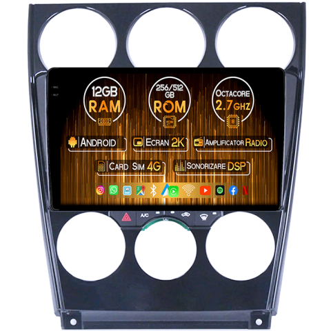 Mazda 6 2002-2007 - Navigatie dedicata Mazda 6 2002-2008, 12GB RAM 256GB ROM, Android 14, Rezolutie 2K, Display QLED, 9", DSP, Carplay, Android Auto, Internet, Youtube, Waze, Wi Fi, USB