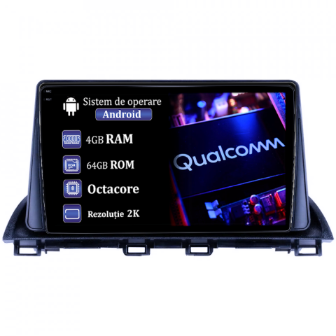 Mazda 3 2013-2019 - Navigatie dedicata Mazda 3 2013-2019, 4GB RAM 64GB ROM, Procesor Qualcomm Octacore, Android 14, Rezolutie 2K, Display QLED 9", DSP, Carplay&Android Auto, SIM 4G