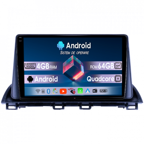 Mazda 3 2013-2019 - Navigatie dedicata Mazda 3 2013-2019, 4GB RAM 64GB ROM, Quadcore, Android 14, Display QLED 1K, 9", DSP, Carplay&Android Auto, Suport camere AHD