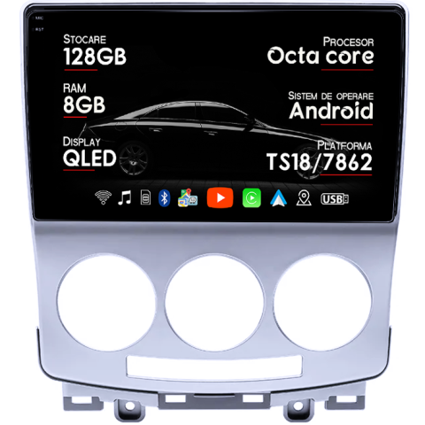 Navigatii Dedicate - Navigatie dedicata Mazda 5 2005-2010, 8GB RAM 128GB ROM, Octacore, Platforma TS18, Android 14, Display QLED 9", Suporta camera 360", DSP, Carplay&Android Auto, SIM 4G, Ventilator Activ