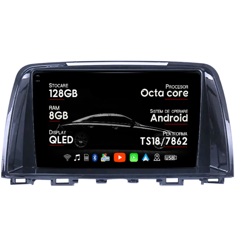 Navigatii Dedicate - Navigatie dedicata Mazda 6 III 2012-2017, 8GB RAM 128GB ROM, Octacore, Platforma TS18, Android 14, Display QLED 9", Suporta camera 360", DSP, Carplay&Android Auto, SIM 4G, Ventilator Activ
