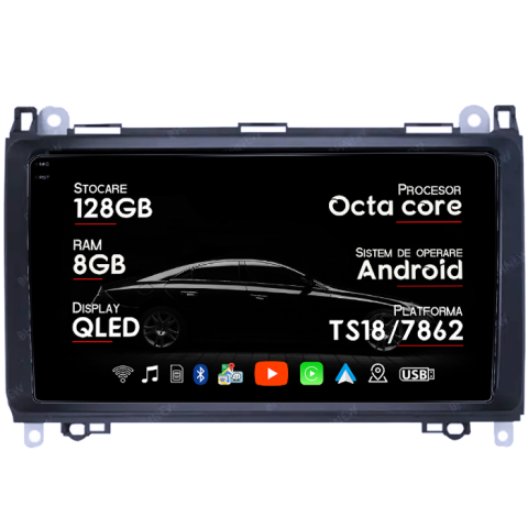 C-Class W209 - Navigatie dedicata Mercedes-Benz, 8GB RAM 128GB ROM, Octacore, Platforma TS18, Android 14, Display QLED 9", Suporta camera 360", DSP, Carplay&Android Auto, SIM 4G,