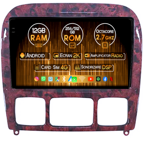 Mercedes-Benz S-Class W200 1999-2005 - Navigatie dedicata Mercedes-Benz S-class, 12GB RAM 256GB ROM, Android 14, Rezolutie 2K, Display QLED, 9", DSP, Carplay, Android Auto, Internet, Youtube, Waze, Wi Fi, USB