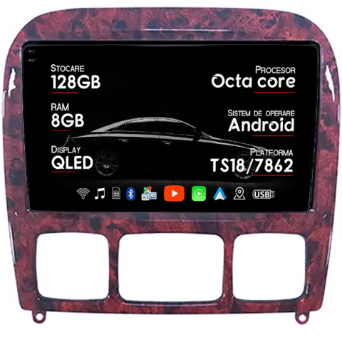 Mercedes-Benz S-Class W200 1999-2005 - Navigatie dedicata Mercedes-Benz S-class, 8GB RAM 128GB ROM, Octacore, Platforma TS18, Android 13, Display QLED 9”, Suporta camera 360º, DSP, Carplay&Android Auto, SIM 4G, Ventilator Activ