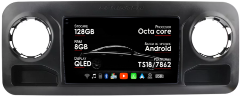 Sprinter 2019 - Navigatie dedicata Mercedes Benz Sprinter 2019, 8GB RAM 128GB ROM, Octacore, Platforma TS18, Android 14, Display QLED 9", Suporta camera 360", DSP, Carplay&Android