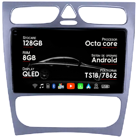 C-Class W203 - Navigatie dedicata Mercedes C-Class W203 2000-2003 4 Usi, 8GB RAM 128GB ROM, Octacore, Platforma TS18, Android 14, Display QLED 9", Suporta camera 360", DSP, Carplay&Android