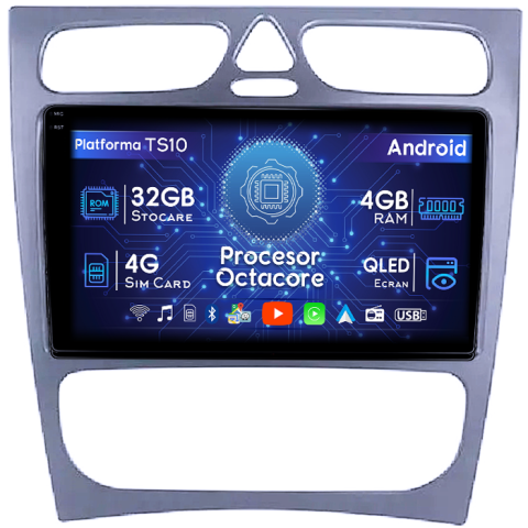Navigatii Dedicate - Navigatie dedicata Mercedes C Class W203, CLK W209 2000-2005, 4GB RAM 32GB ROM, Octacore, Android 14, Display QLED 1K 9", DSP, Carplay&Android Auto, SIM 4G, Bluetooth, Ventilator Activ