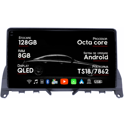 Navigatii Dedicate - Navigatie dedicata Mercedes C Class W204 ( 2006 - 2012 ), 8GB RAM 128GB ROM, Octacore, Platforma TS18, Android 13, Display QLED 9”, Suporta camera 360º, DSP, Carplay&Android Auto, SIM 4G, Ventilator A