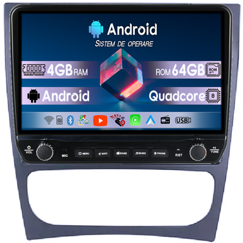 CLS - Navigatie dedicata Mercedes w203 Tesla cu butoane rotative model 2024, 4GB RAM 64GB ROM, Procesor Quadcore, Android 14, Display QLED 10", DSP, Carplay&Android Auto