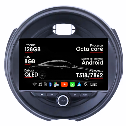 Mini Cooper 2015-2019 - Navigatie dedicata Mini Cooper 2015-2019, 8GB RAM 128GB ROM, Octacore, Platforma TS18, Android 14, Display QLED 9â, Suporta camera 360Âş, DSP, Carplay&Android Auto, SIM 4G, Ventilator Activ