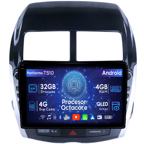Mitsubishi - Navigatie dedicata Mitsubishi ASX 2010-2016, 4GB RAM 32GB ROM, Octacore, Android 14, Display QLED 1K 9", DSP, Carplay&Android Auto, SIM 4G, Bluetooth, Ventilator Activ