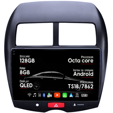 Navigatii Dedicate - Navigatie dedicata Mitsubishi ASX 2010-2019, 8GB RAM 128GB ROM, Octacore, Platforma TS18, Android 14, Display QLED 10", Suporta camera 360", DSP, Carplay&Android Auto, SIM 4G, Ventilator Activ