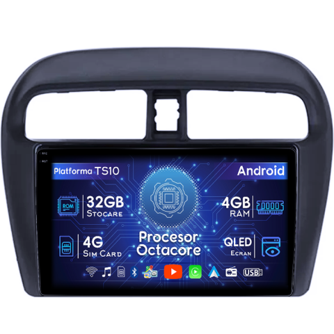 Mitsubishi - Navigatie dedicata Mitsubishi Mirage Attrage 2012-2018, 4GB RAM 32GB ROM, Octacore, Android 14, Display QLED 1K 9", DSP, Carplay&Android Auto, SIM 4G, Bluetooth, Ventilator Activ