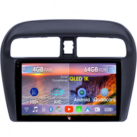 Mirage Attrage 2012-2018 - Navigatie dedicata Mitsubishi Mirage Attrage 2012-2018, 4GB RAM 64GB ROM, Octacore, Android 14, Display QLED 1K 9", Carplay&Android Auto, SIM 4G, Ventilator Activ